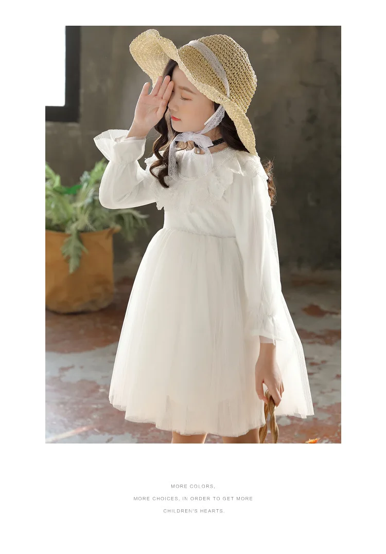 New Spring Autumn Children Lace Dot Princess Dress Teen Girls Tassel Mesh Causal Dress Kids Girl Cotton Solid Vestido Q635