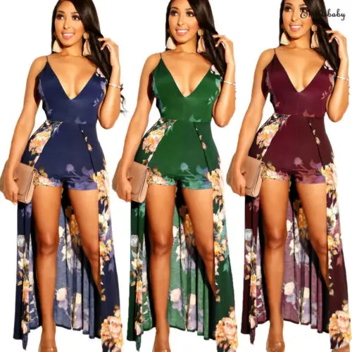 Сексуальный женский комбинезон с растительным узором Клубные вечерние раздельное максимальной длины комбинезон летний пляжный комбинезон пуловер Топы хит