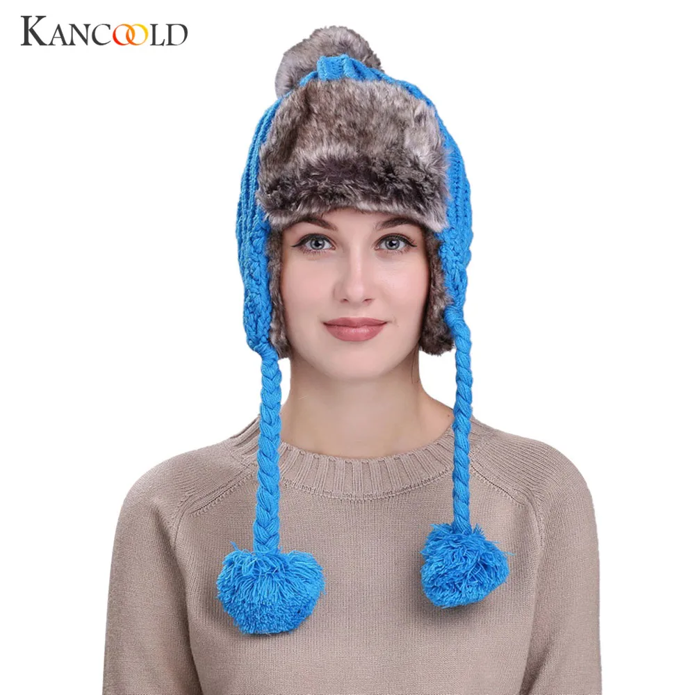Knitting Wool Warm Women Winter Hat with Ear Flaps Snow Ski Thick Knit