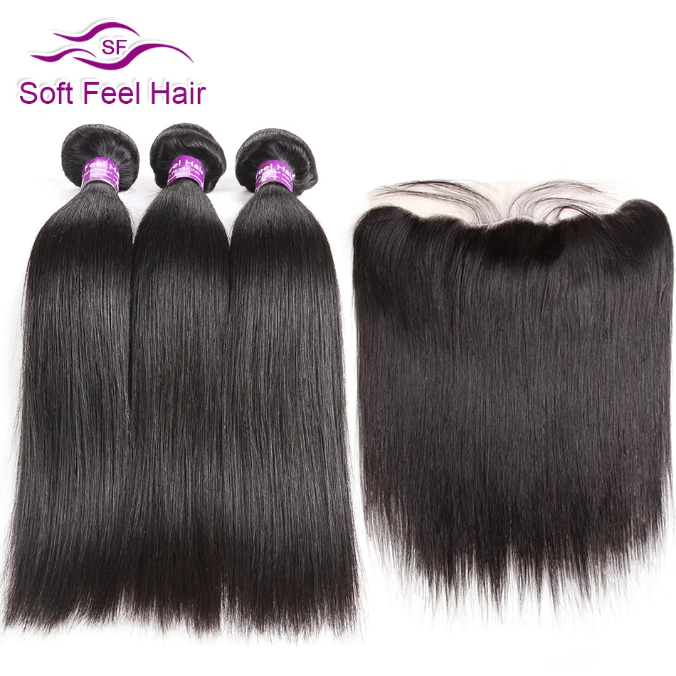 Soft Feel Hair Brazilian Straight Hair Bundles With Frontal Remy Human Hair 3 Bundles Lace Frontal Closure With Bundles 4Pcs/Lot