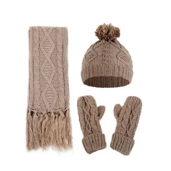 

Women's rhombic twist knitted wool hat, scarf and gloves three-piece outdoor thermal hat and scarf suit in winter 3PCS / Set