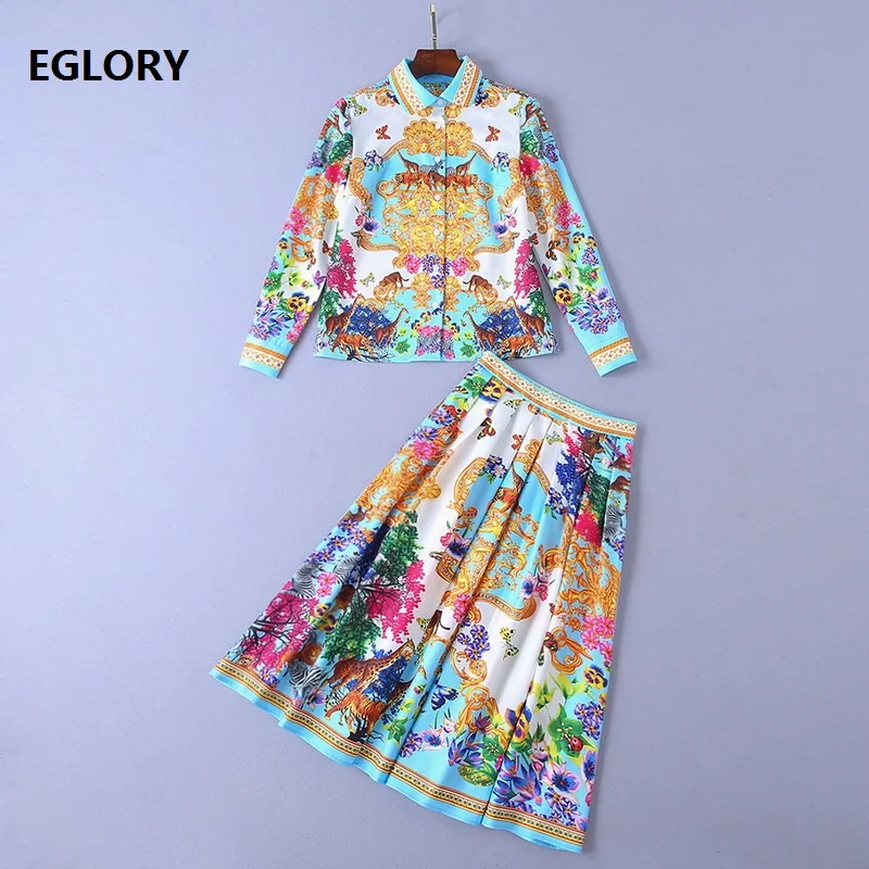 

Two Piece Set 2019 Spring Summer Clothes Suit Women Sexy Wild Animal Print Blouse+Large Swing Mid-Calf Skirt Suit Casual Twinset