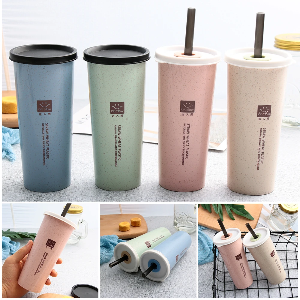 

1PC Hot Portable Large 470ml Wheat Straw Water Cup with Straws Multi-Functional Double Lid Cola Coffee Plastic Cup Drinking Cup