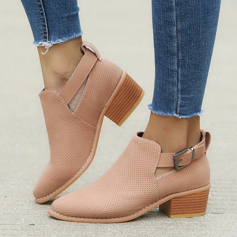 

Solid Color Booties Women Out Ankle Boot for Women Pointed Toe Square Heel Ladies Winter Shoes Belt Buckle Boots