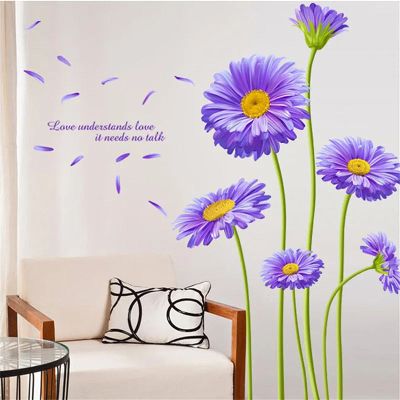

BF Aster Novi-belgii Purple Chrysanthemum DIY Wall Stickers Living Room TV/Sofa Backdrop Decor Mural Decal Wallpapers
