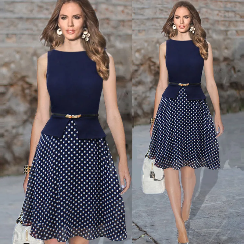 Summer Dress Women Work Wear Sleeveless Belted Polka Dot Printed Summer Dress Women Work Wear Sleeveless Belted Polka Dot Printed Office Plus Size Knee Length Chiffon Tunic Vestidos In Dresses From S Clothing