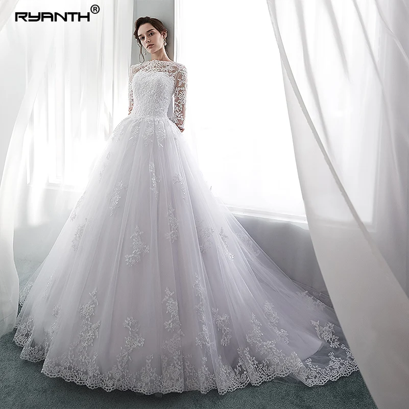 

Ryanth Robe De Mariage Illusion Long Sleeve Lace Wedding Dress 2018 Scoop Ball Gown Wedding Dresses Vestido De Novia Trouwjurk