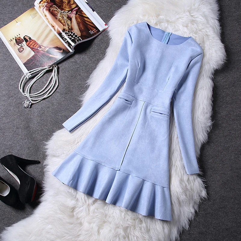 

2019 Fashion Spring Autumn Vintage Women Dress Elegant Retro Moccasin Mermaid Dress Suede Fishtail Long Sleeve Women Dress