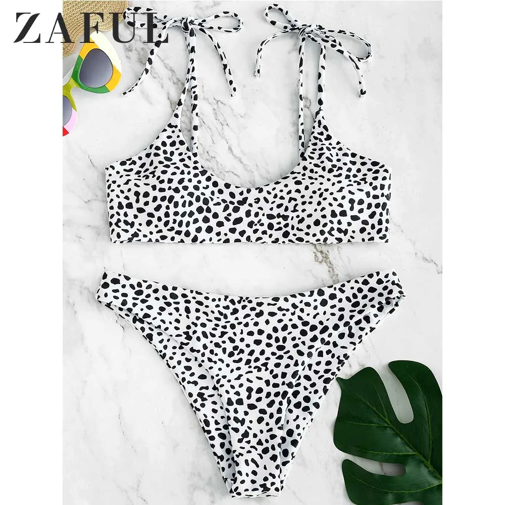 

ZAFUL Bikini Leopard Printed Tie Shoulders Bikini Set Spaghetti Straps Elastic Low Waisted Padded Swim Suit Beach Swimwear