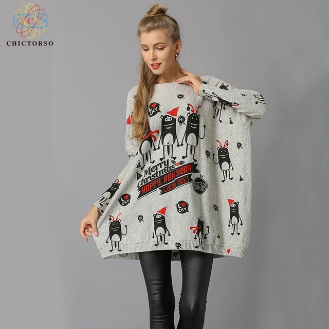 chictorso loose fit new year cartoon print women christmas sweater dress casual slouchy long sweaters pullover - Christmas Sweater Dress chictorso loose fit new year cartoon print women christmas sweater dress casual slouchy long sweaters pullover - Christmas Sweater Dress