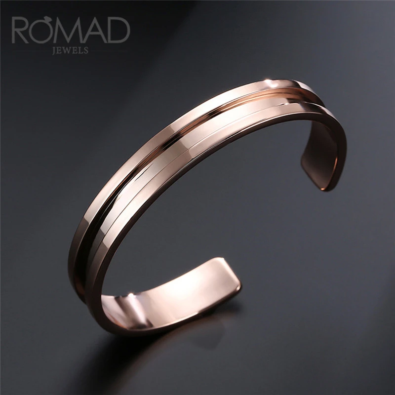 

ROMAD Stainless Steel Cuff Bracelet for Women Open Bangle Rose Gold Silver Office Lady Bracelets Men Party Jewelry R4