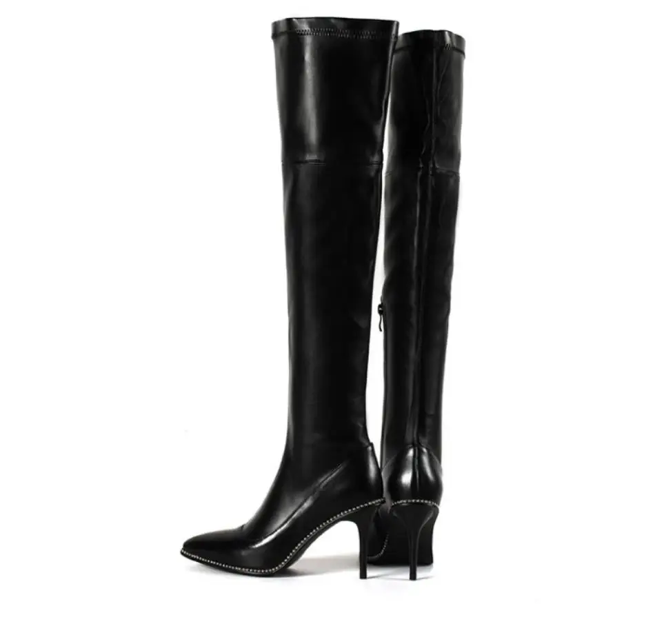 

Autumn and winter Europe and the United States over the knee 9CM fine heel elastic leather thin pointed boots