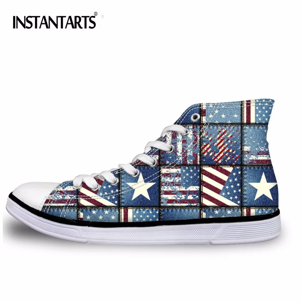 

INSTANTARTS 2018 Spring Men High Top Canvas Shoes Flag Lacing Flat Vulcanize Shoes for Teen Boys Students Sneakers Breathable