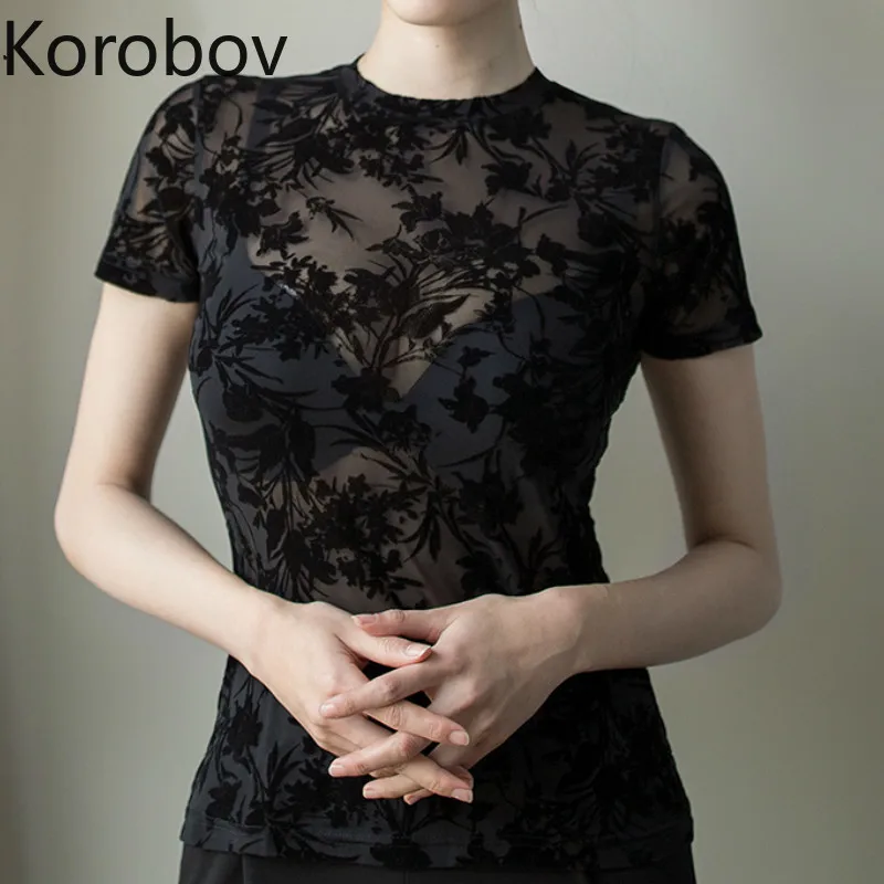 

Korobov Sexy Lace Perspective Women T Shirt New Arrival O-Neck Short Sleeve T-Shirt Flower Embroidery Plus Size T Shirts 77334