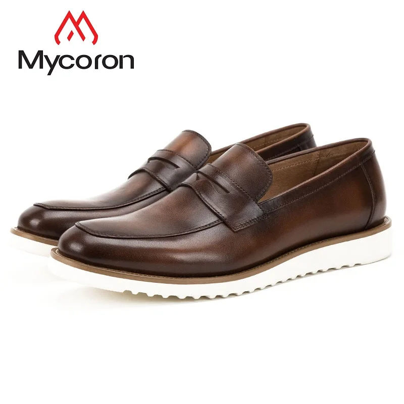 marrón La Moda Casuales Genuino Cuero Botas Marca Calzado Hombres Hechos Mocasines Masculino Mano Coffee Vaca Hombre De Hombres Sapato A Zapatos Los Mycoron IBwvS