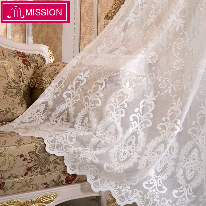 

MISSION Decorative Semi jacquard Lace White Sheer Curtain Tulle Voile Panel Window Curtain for Living Room Kitchen Bedroom Door