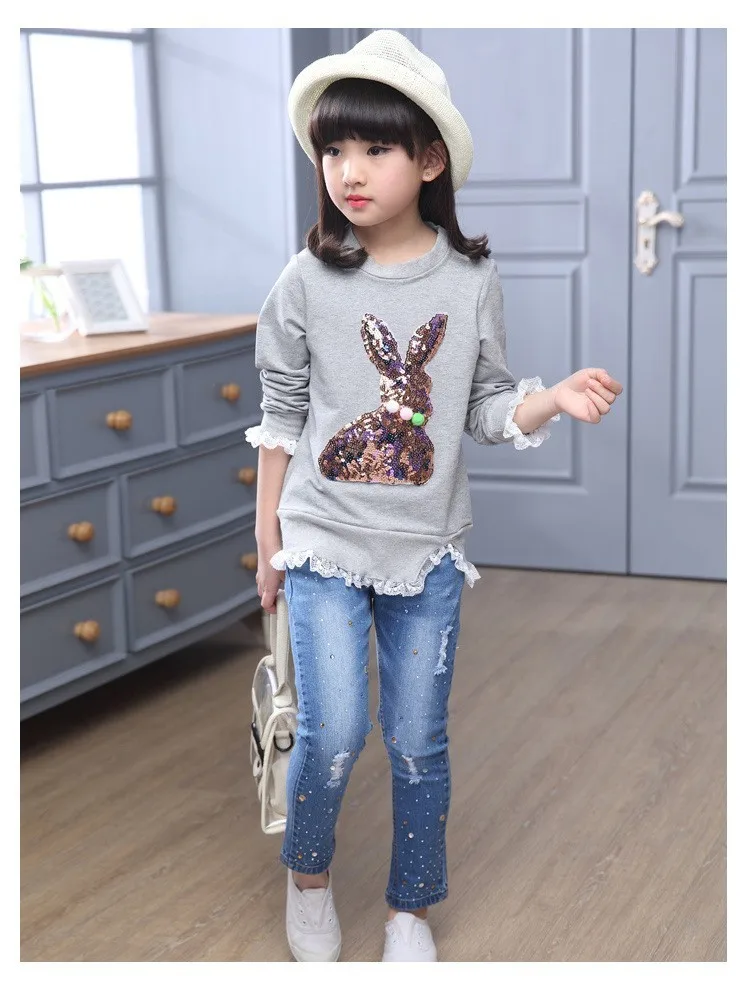 2016 new arrive sequined rebbit charatcer gray pink girls sweatshirt spring long sleeve kids clothes girls tops clothes 8 10 12 14 years girls clothing  6 7 8 9 10 11 12 13 14 15 16 children clothing (14)