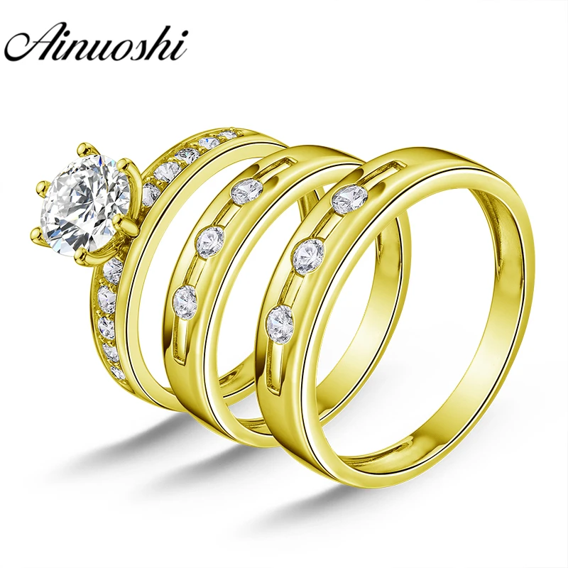 

AINUOSHI 6.9g Real Gold TRIO Rings Bridal Ring Set Male Band Lovers Engagement Jewelry 10K Yellow Gold Couple Wedding Rings Set