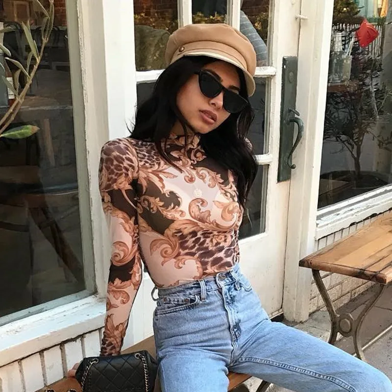 Fashion Palace Printed Transparent Mesh Crop Top Long Sleeve Slim tshirt 2019 Women Tops | Женская одежда