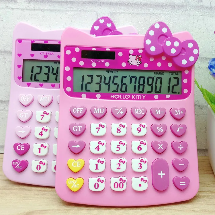 Cute Cartoon Pink Hello Kitty Desktop Solar Dual Power Calculator 12 Digital Kawaii Calculator ...