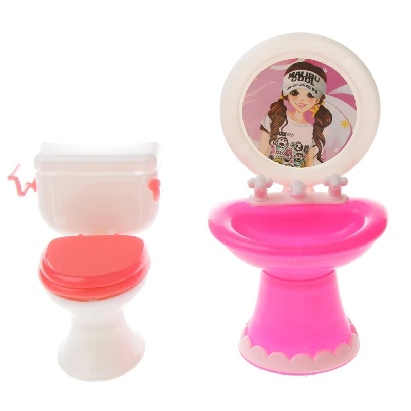 

2Pcs/set Cute Mini Bathroom Set Plastic Toilet Washbasin for Kelly Dolls Dollhouse Miniature Decor