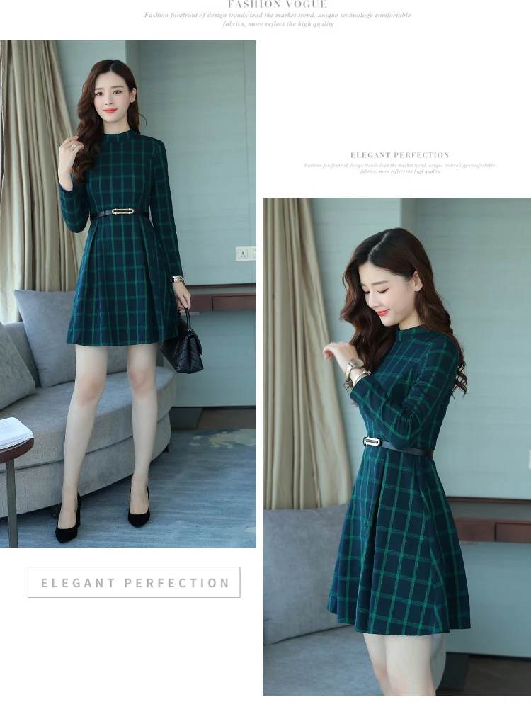 dress autumn outfit women plaid print long sleeve o neck belted outfit ...