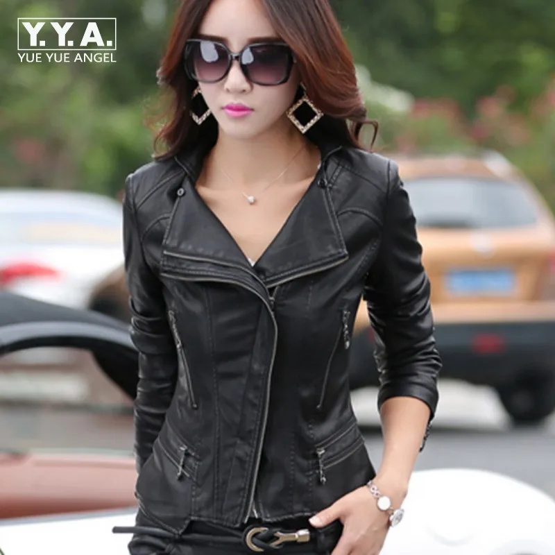 

European Fashion Black Zipper Jackets Retro Motorcycle Coats Womens Pu Leather Jacket Slim Fit Jaqueta De Couro Feminino Plus SZ