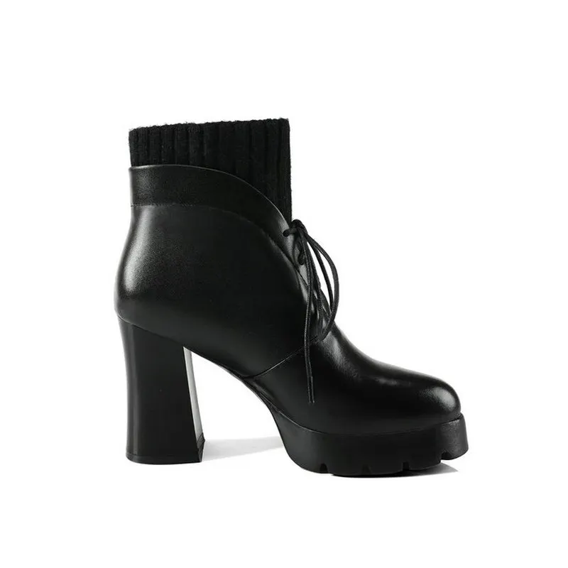Talons Cuir forme Bottes Plate Lace Cheville À Noir Carré Mode Hauts Femme Chaussures Robe En Véritable Up pYt55