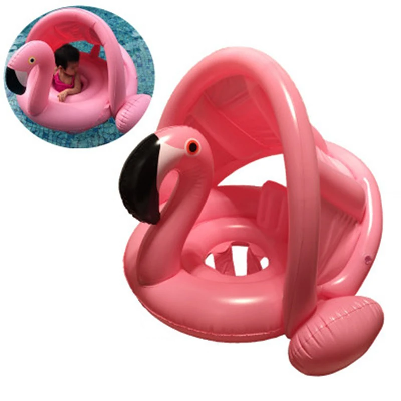 Inflatable Baby Float Flamingo Swimming Ring Seat Boat with Sunshade Kids Child 