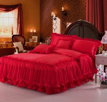 

4Pcs Red Pink Luxury Lace Cotton Wedding Princess Bedding Sets King Queen Size duvet Cover Set Bed Sheet skirt set Pillowcases