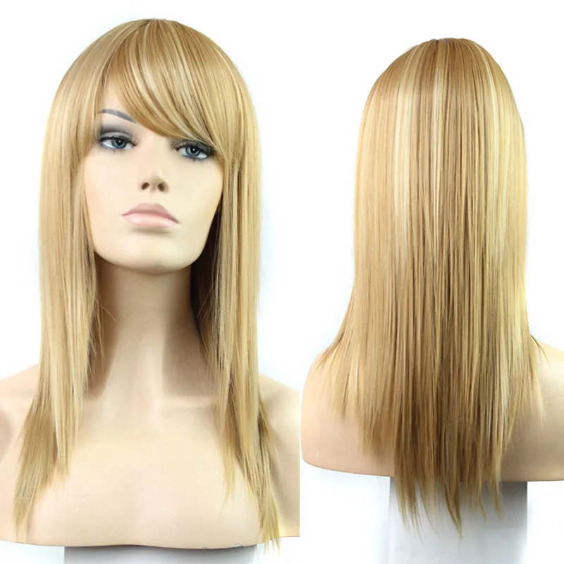 Long Straight Strawberry Blonde Highlight Bleach Blonde Wig Synthetic