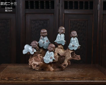 

5P -LARGE # home office High-grade Refined art " CHAN DAO " Buddhist monk ceramics pottery Carving art +wooden statue -A23