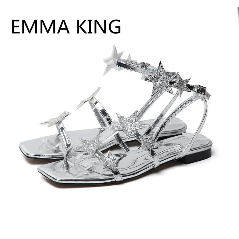 

New Crystal Star Design Women Summer Flats Sandals Open Toe Ankle Strap Casual Ladies Beach Shoes Woman Sexy Gladiator Sandals