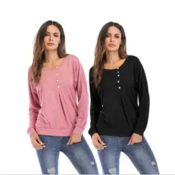 Популярная женская футболка 2019 года, однотонные футболки с длинными рукавами и пуговицами для женщин, женские пуловеры с длинными рукавами