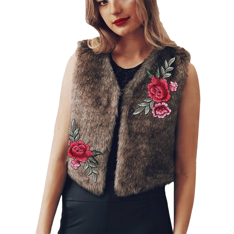 Buy Women Rose Embroidery Faux Fur Vest Winter Warm