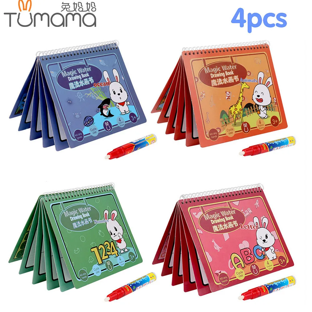 

Tumama 4pcs Magic Water Drawing Book Animal Marine Life Number Letter Coloring Book Magic Pen Painting Board Kids Drawing Toys