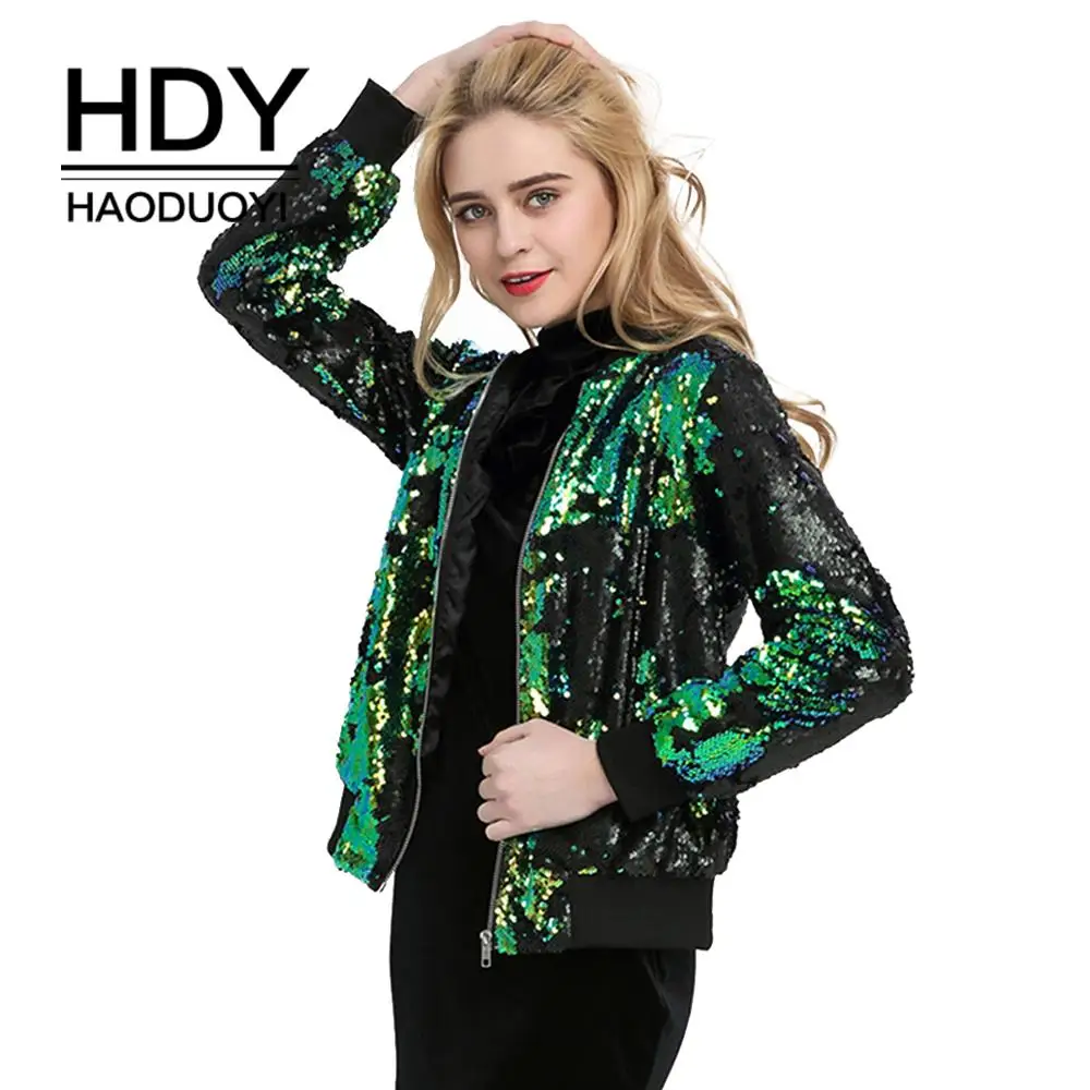 

HDY Haoduoyi Six Colors Women Fashion Mermaid Sequins Bomber Jackets Shine Zipper O-Neck Female Popular Autumn Outwears
