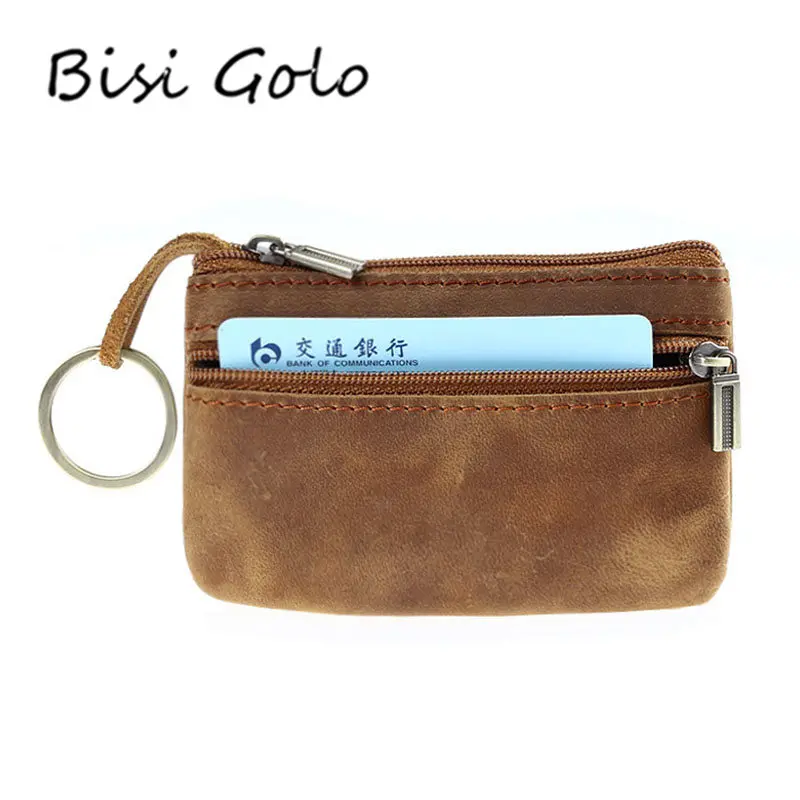

BISI GORO Genuine Leather Coin Purse Credit Card Holders Money Bags Crazy Horse Pocket Key Wallets Mini Wallet Zipper Coin Purse