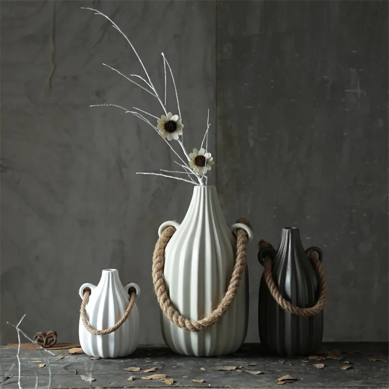 

Nordic minimalist abstract art hemp rope flowers vase ceramic ornaments water culture flower porcelain vase decoration crafts