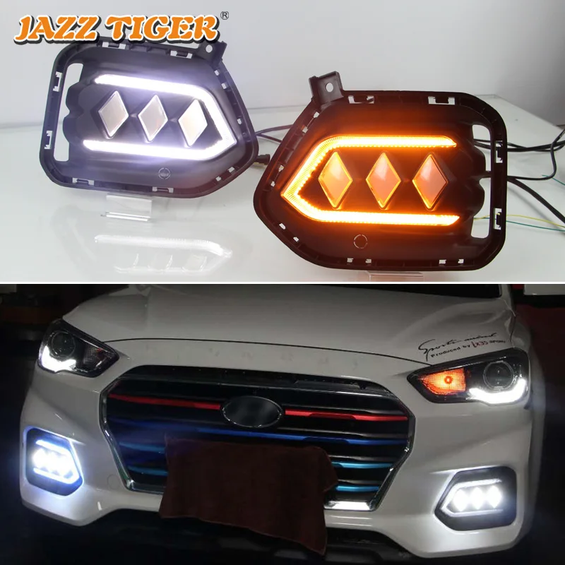 

JAZZ TIGER 2PCS Flowing Turn Yellow Signal Function 12V Car DRL LED Daytime Running Light Fog Lamp For Hyundai IX35 2018 2019