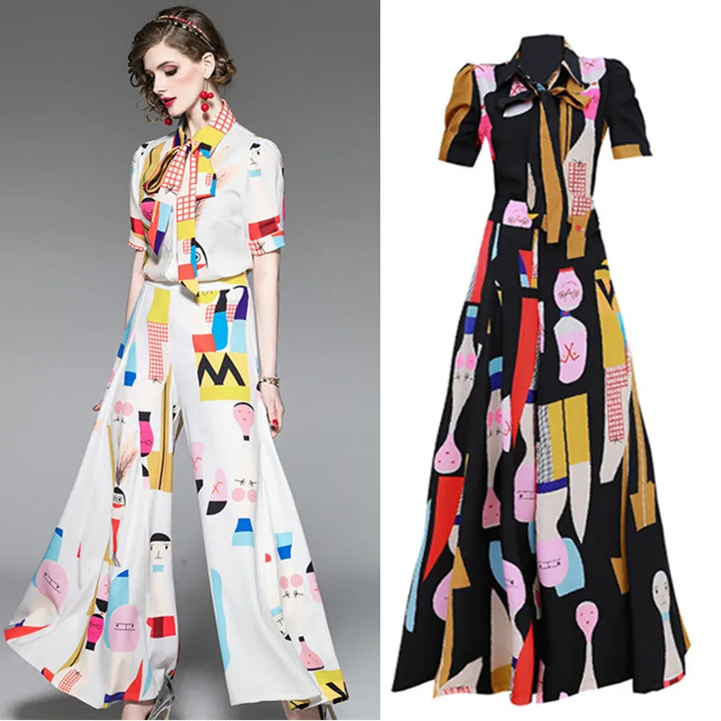 

Runway 2 Pcs Set Office Ladies Women 2019 Summer Spring Cartoon Print Bows Shirt Femal Work Open Leg Loose Pants Suits CC203
