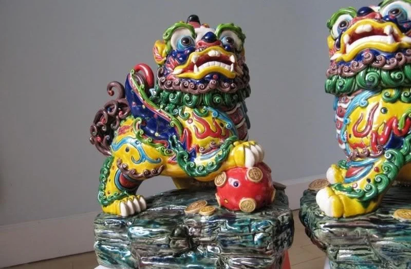 

Taiwan KOJI pottery WuCai porcelain Palace Evil kylin Fu Foo Dog Guardian Lion 8.02