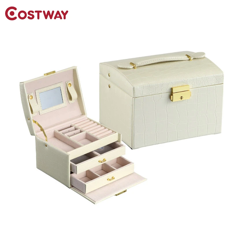 

COSTWAY Portable Jewelry Box Organizer Ring Stud Earrings Jewelry Storage Box With Mirror Faux Leather Box W0220