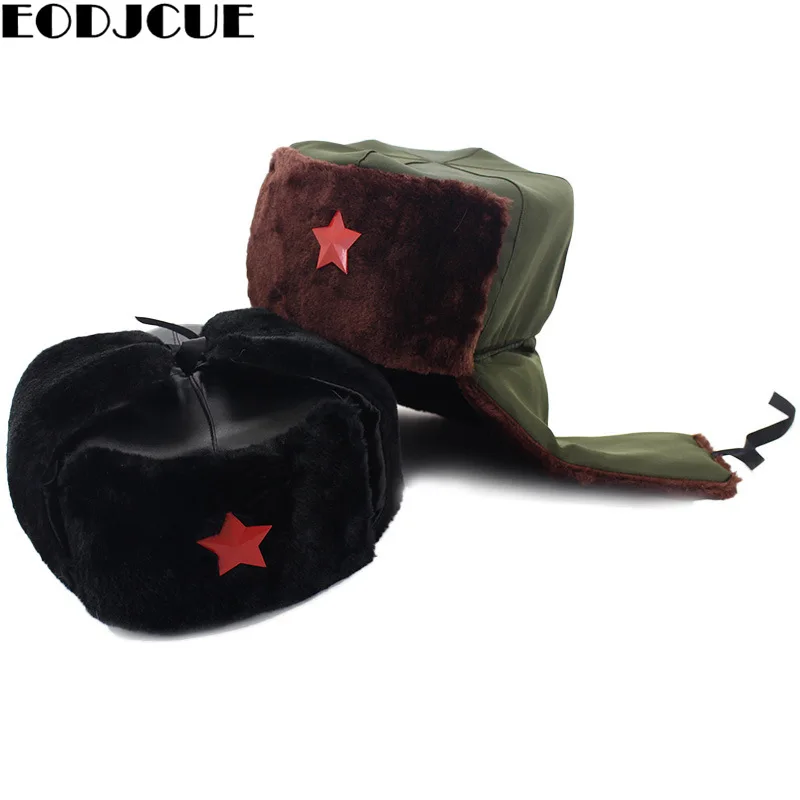

New Russian Ushanka Bomber Trapper Hat Soviet Badge Army Aviator Trooper Winter Neck Cover Earflap Snow Ski Cap With Men