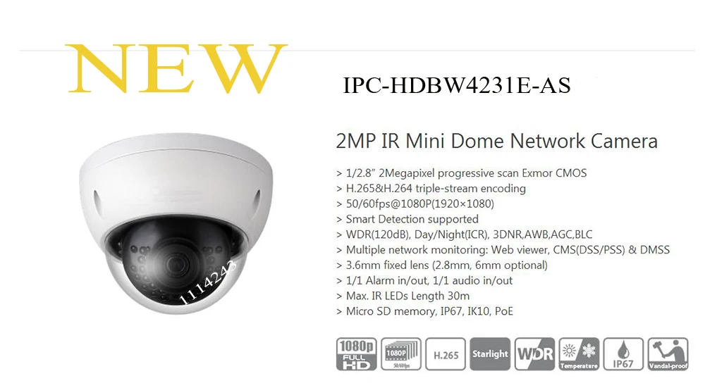 Free Shipping DAHUA Security IP Camera 2MP IR Mini Dome Network Camera IP67 IK10 with PoE Without Logo IPC-HDBW4231E-AS