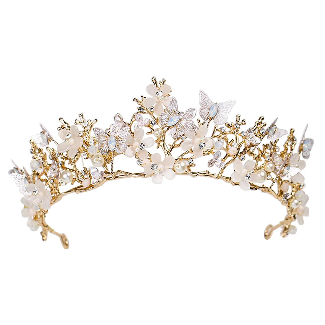 

Fashion Vintage Gold Butterfly Crown Flower Wedding Prom Tiara Headband Pearl Bridal Headpieces Bride Hair Accessories Hairband