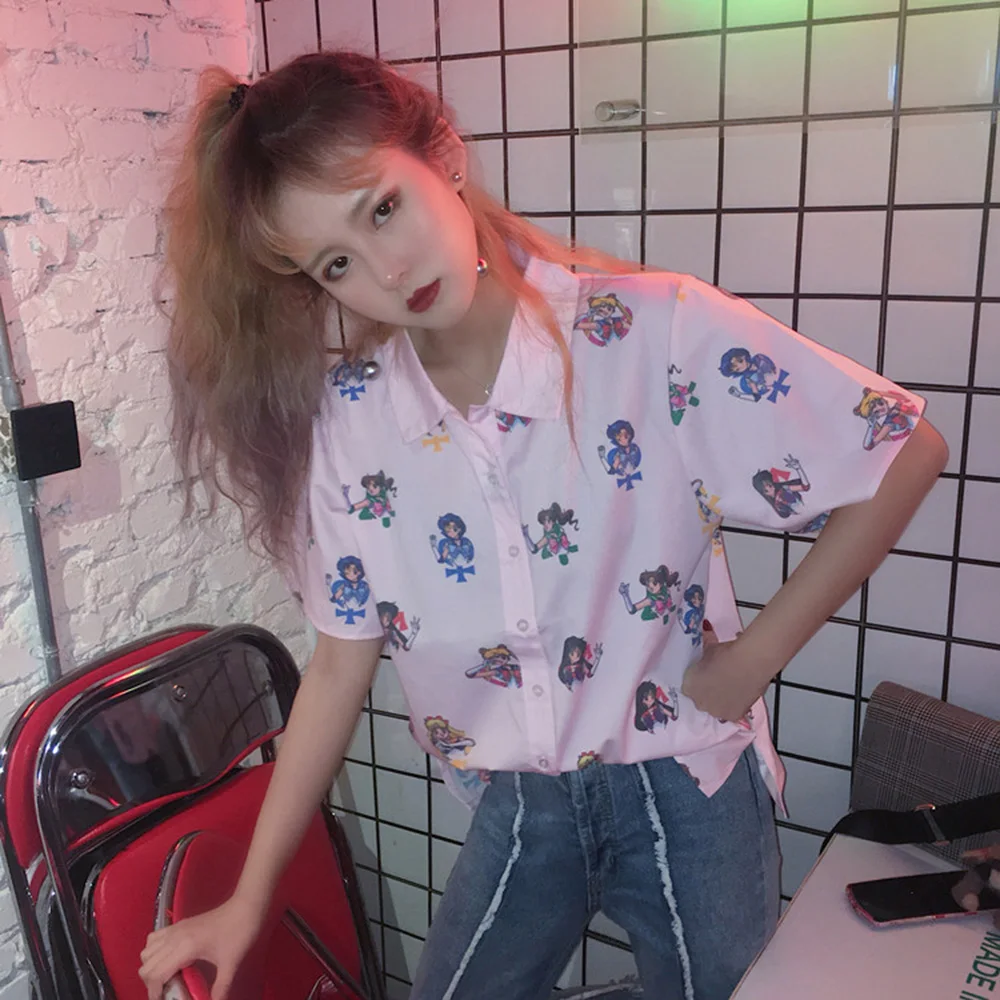 

Sailor Moon Pink Short Sleeve Shirts Harajuku T Shirt Women Clothes 2019 Cosplay Cute Kawaii Tops Turn Collar Cartoon Tshirt
