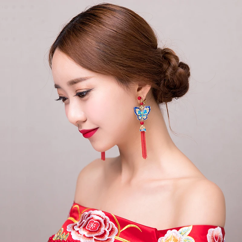 Ethnic Chinese Style Clip On Earrings Vintage Cloisonne Butterfly Clip