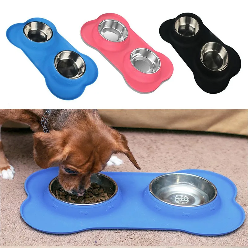 New Steel Dog Bowl With No Spill Non Skid Silicone Mat 24 oz Feeder