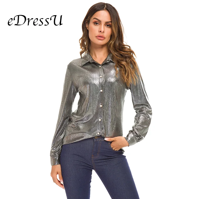 

Hot Metallic Women Long Sleeves Blouse Shiny Fabric Sexy Buttons Silver Stylish Casual Women Shirt Club Daily eDressU MS-DZT582
